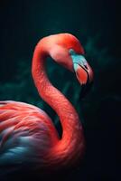 uma lindo exótico pássaro, uma pescoço comprido Rosa flamingo em pé orgulhosamente dentro a água contra uma Sombrio fundo com uma folha padronizar. ai gerado foto