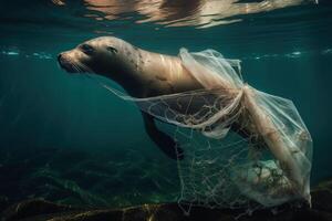 uma bebê foca preso dentro plástico detritos flutuando dentro a norte pacífico, embaixo da agua fotografia. a conceito do a ecológico desastre causou de plástico lixo. ai gerado foto