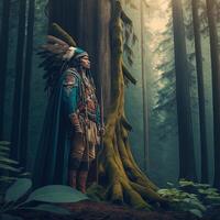 ilustração nativo americano dentro uma alta floresta fez com generativo ai foto