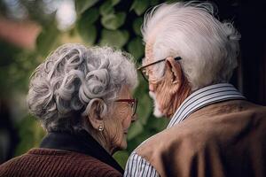 costas Visão do a idosos casal ao ar livre. idosos homem e mulher estão caminhando junto, tendo romântico relação. feliz velho idade. criada com generativo ai foto