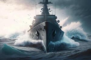 moderno navio de guerra dentro a mar. militares força navio Navegando dentro oceano. criada com generativo ai foto