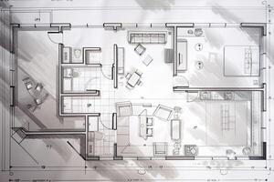 arquitetônico plano em branco papel. técnico projeto do vivo sala. desenhando para construção. criada com generativo ai foto