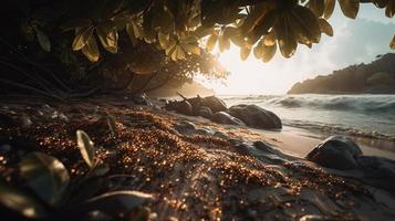 tropical de praia com Palma árvores e areia dunas às pôr do sol, azul mar foto