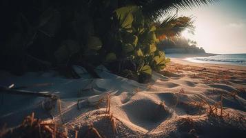 tropical de praia com Palma árvores e areia dunas às pôr do sol, azul mar foto