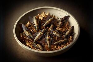 frito comestível insetos em uma placa. grilos Como lanche, Boa fonte do proteína. entomofagia, insetivoria conceito. generativo ai. foto