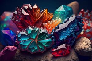 lindo abstrato fundo com colorida cristais. misterioso pedras preciosas, minerais. Magia cristal conjunto. fechar-se visualizar. generativo ai. foto