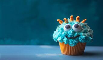 fofa e engraçado Bolinho para crianças em azul fundo com cópia de espaço. feliz aniversário sobremesa. crianças Festa. esvaziar espaço para texto. cartão postal, cumprimento cartão Projeto. monstro muffin. generativo ai. foto