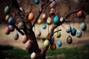 Páscoa ovos suspensão em uma árvore, modelo para Páscoa cumprimento cartão, generativo ai. foto