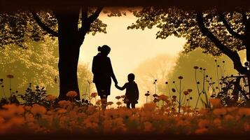 uma silhueta do uma mãe e criança segurando mãos e caminhando dentro uma parque cercado de florescendo flores - ai gerado foto