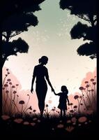 uma silhueta do uma mãe e criança segurando mãos e caminhando dentro uma parque cercado de florescendo flores - ai gerado foto