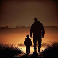 silhueta pai e filho jogando dentro a pôr do sol - ai gerado foto