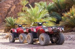 dois veículos de quatro rodas no deserto foto