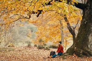 mulher com mochila dentro a parque e caído folhas panorama alta grande árvore outono foto