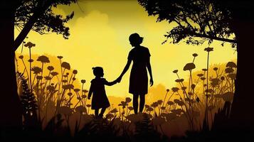 uma silhueta do uma mãe e criança segurando mãos e caminhando dentro uma parque cercado de florescendo flores - ai gerado foto