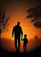 silhueta pai e filho jogando dentro a pôr do sol - ai gerado foto