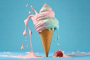 Rosa gelo creme Derretendo e derramar a partir de a waffle cone. ilustração ai generativo foto