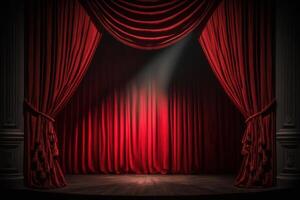 Magia teatro etapa vermelho cortinas mostrar Holofote. ilustração ai generativo foto