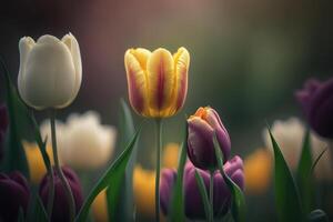 verde campo com florescendo tulipas. ilustração ai generativo foto