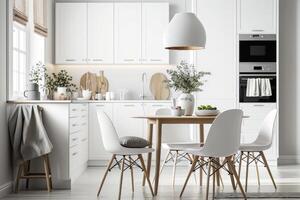 escandinavo clássico branco cozinha com de madeira detalhes. ilustração ai generativo foto