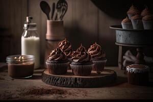 chocolate bolos de copo dentro uma rústico cozinha. ilustração ai generativo foto