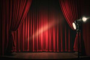 Magia teatro etapa vermelho cortinas mostrar Holofote. ilustração ai generativo foto