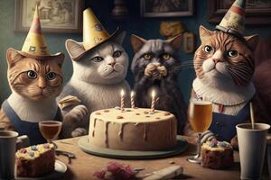 gato dentro aniversário cápsulas sentar às Festa. ilustração ai generativo foto