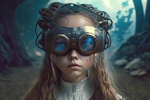 menina dentro virtual mundo dentro vr óculos cheio corpo. ilustração ai generativo foto