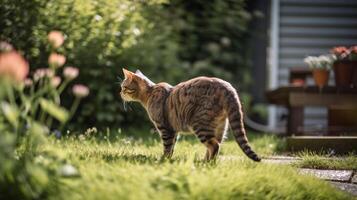 doméstico animal fofa gato é jogando dentro a quintal do a casa. foto