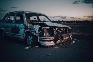 carro acidente em a autoestrada. ilustração ai generativo foto