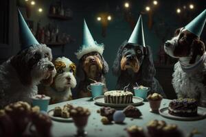 cachorros dentro aniversário cápsulas sentar às Festa. ilustração ai generativo foto
