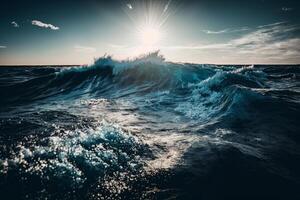 panorama do uma ondulado mar debaixo a luz solar e uma azul. ilustração ai generativo foto