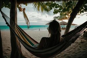 mulher relaxar dentro maca em verão de praia. ilustração ai generativo foto