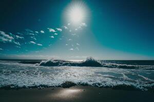 panorama do uma ondulado mar debaixo a luz solar e uma azul. ilustração ai generativo foto