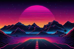 Novo retrowave roxa fundo com falha efeito, moderno pano de fundo projeto, generativo ai foto