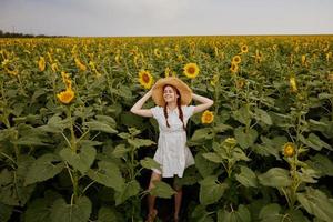 mulher retrato dentro uma Palha chapéu dentro uma branco vestir uma campo do girassóis agricultura verão Tempo foto