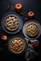 maçã e pêssego tortas em pratos documentário fotografia. ilustração ai generativo foto