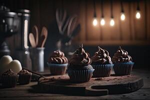 chocolate bolos de copo dentro uma rústico cozinha. ilustração ai generativo foto