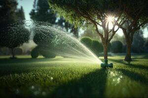 aspersor dentro parque pulverização água em exuberante verde grama. ilustração ai generativo foto