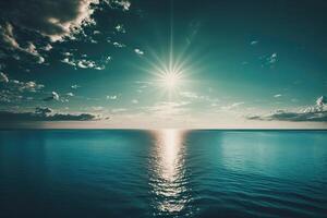 ensolarado céu sobre calma água do mar ou oceano. natural terras. ilustração ai generativo foto