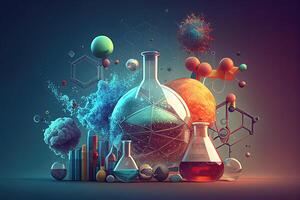 Ciência fundo ilustração, científico Projeto. frascos, vidro e química, física elementos. generativo ai foto