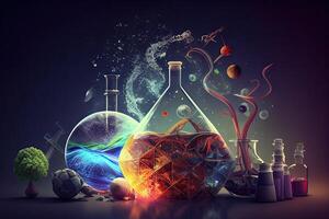 Ciência fundo ilustração, científico Projeto. frascos, vidro e química, física elementos. generativo ai foto