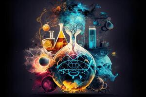 Ciência fundo ilustração, científico Projeto. frascos, vidro e química, física elementos. generativo ai foto