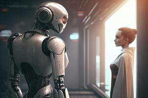 futurista robô e fêmea comunicação, mulher falando para andróide generativo ai foto