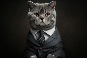 gato dentro escritório uniforme o negócio traje em Sombrio fundo. sério gato retrato, generativo ai foto