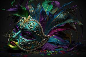 mardi gras mascarar traje tradicional carnaval Projeto fundo face, generativo ai foto