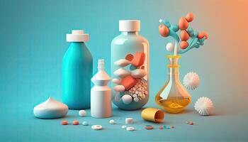 farmacologia e produtos farmacêuticos, cuidados de saúde fundo com cópia de espaço. generativo ai ilustração foto