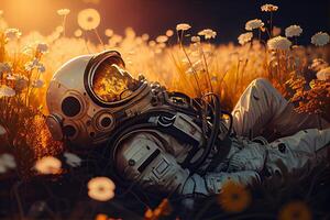 astronauta mentiras dentro uma campo dentro natureza, cosmonauta é em repouso dentro flores, calafrio generativo ai Projeto foto