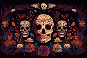 dia de los muertos fundo dia do a morto arte decoração, ossos crânio flor enfeite feriado papel de parede, generativo ai foto