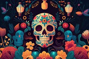 dia de los muertos fundo dia do a morto arte decoração, ossos crânio flor enfeite feriado papel de parede, generativo ai foto