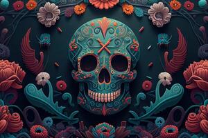 dia de los muertos fundo dia do a morto arte decoração, ossos crânio flor enfeite feriado papel de parede, generativo ai foto